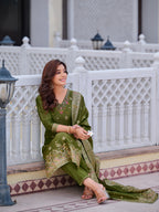 Pure Banarasi Jacquard Hand Embroidered Kurta With Pant & Banarasi Jacquard Dupatta, Green - Hiral Fashion - Distacart