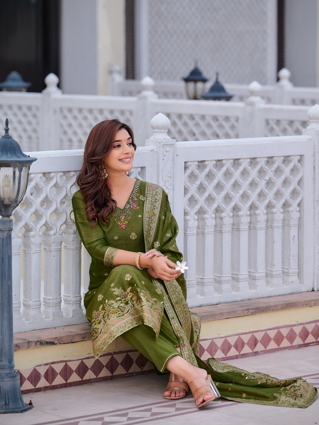 Pure Banarasi Jacquard Hand Embroidered Kurta With Pant & Banarasi Jacquard Dupatta, Green - Hiral Fashion - Distacart