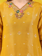 Pure Banarasi Jacquard Hand Embroidered Kurta With Pant & Banarasi Jacquard Dupatta, Yellow - Hiral Fashion - Distacart