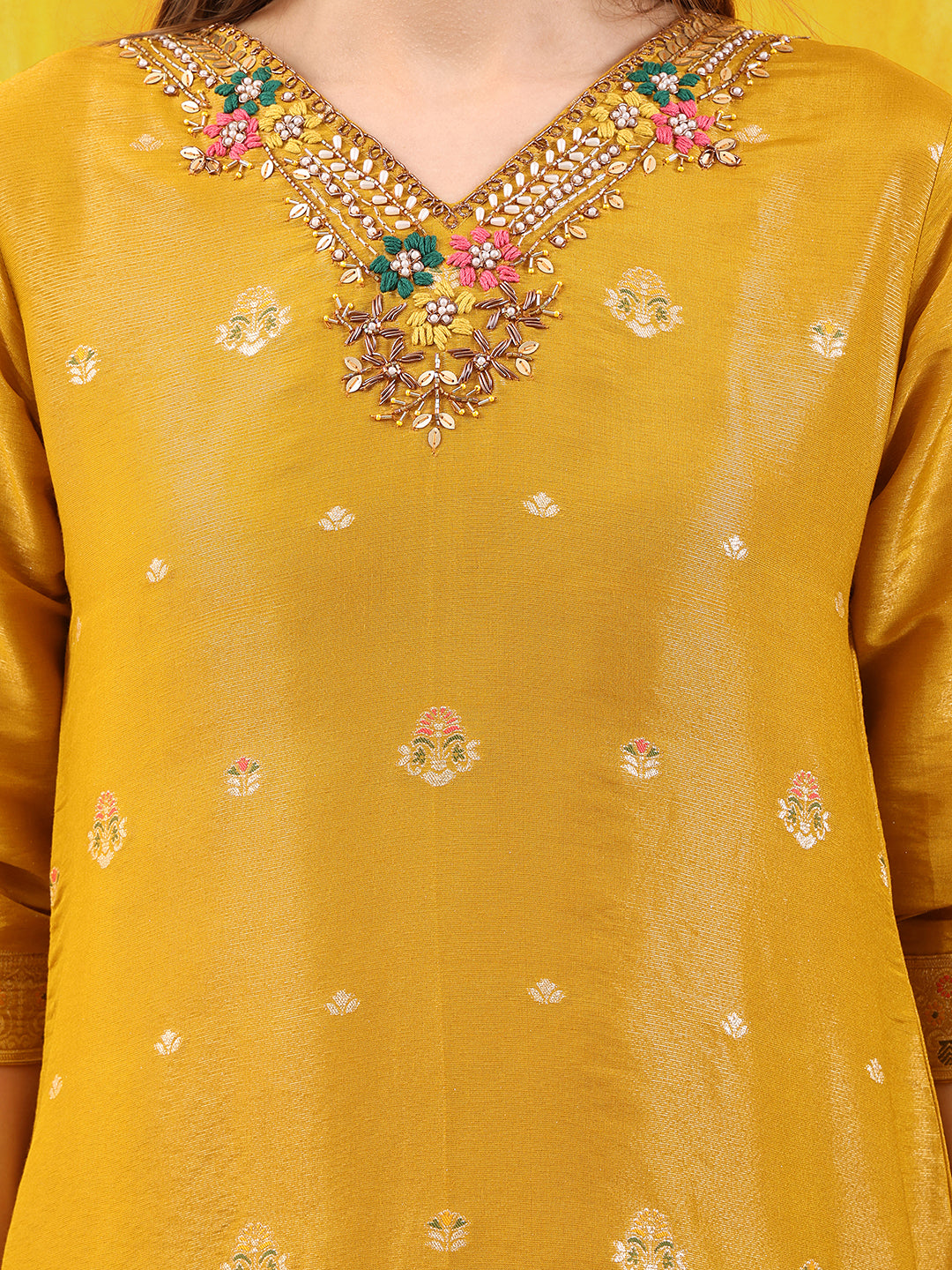 Pure Banarasi Jacquard Hand Embroidered Kurta With Pant & Banarasi Jacquard Dupatta, Yellow - Hiral Fashion - Distacart
