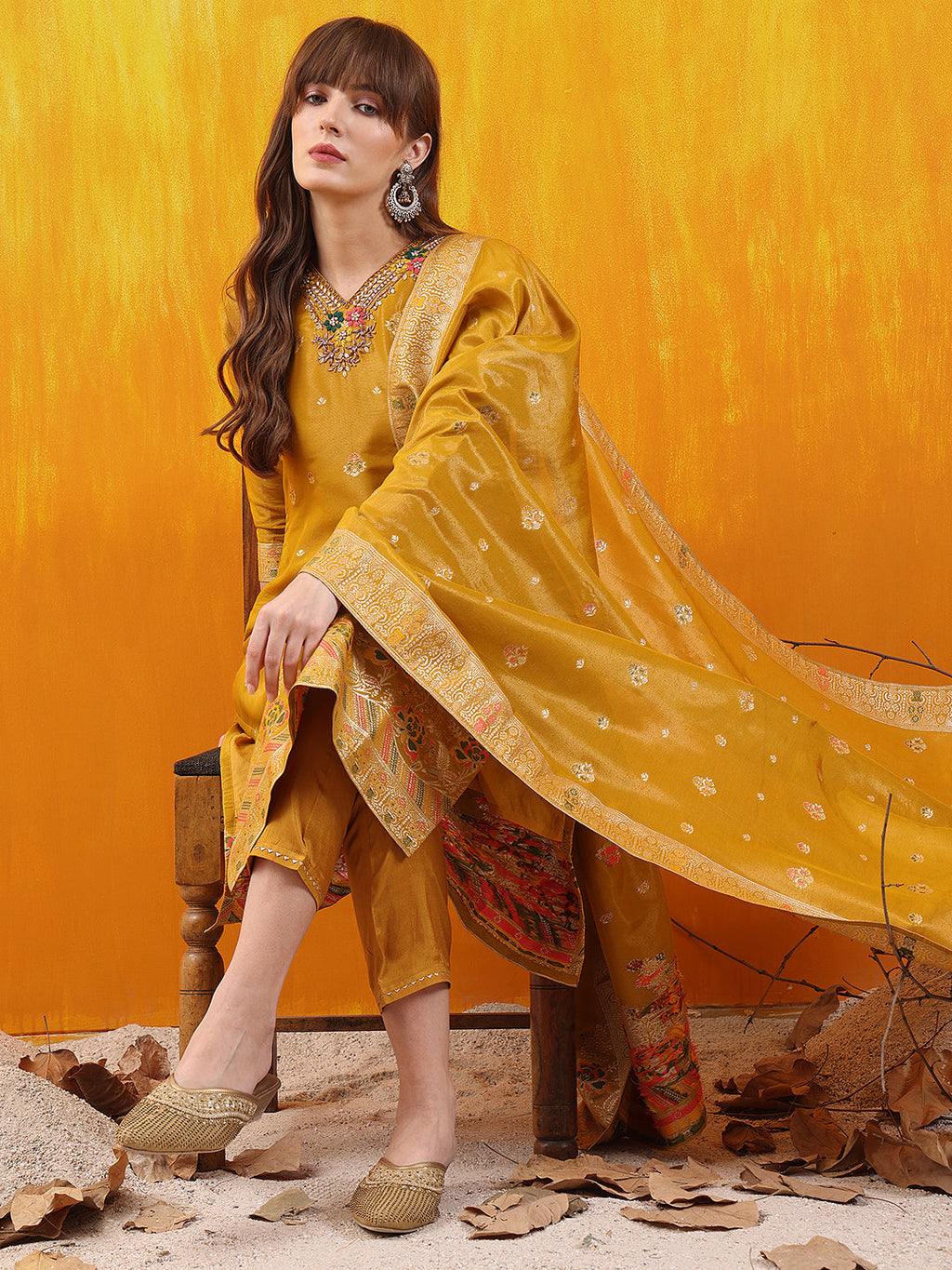 Pure Banarasi Jacquard Hand Embroidered Kurta With Pant & Banarasi Jacquard Dupatta, Yellow - Hiral Fashion - Distacart