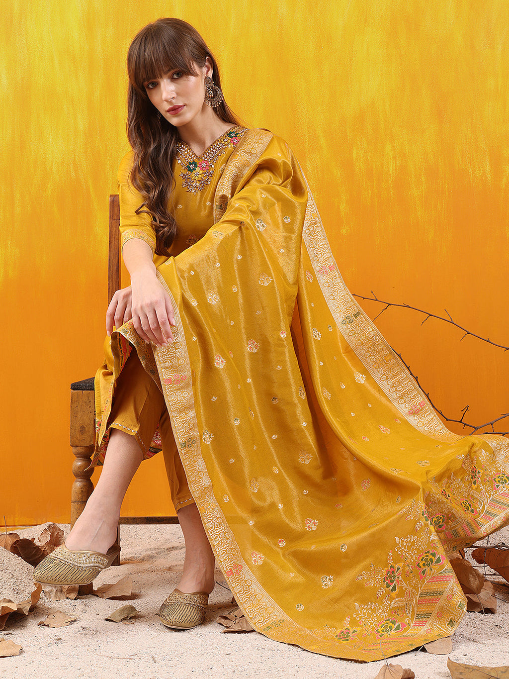 Pure Banarasi Jacquard Hand Embroidered Kurta With Pant & Banarasi Jacquard Dupatta, Yellow - Hiral Fashion - Distacart