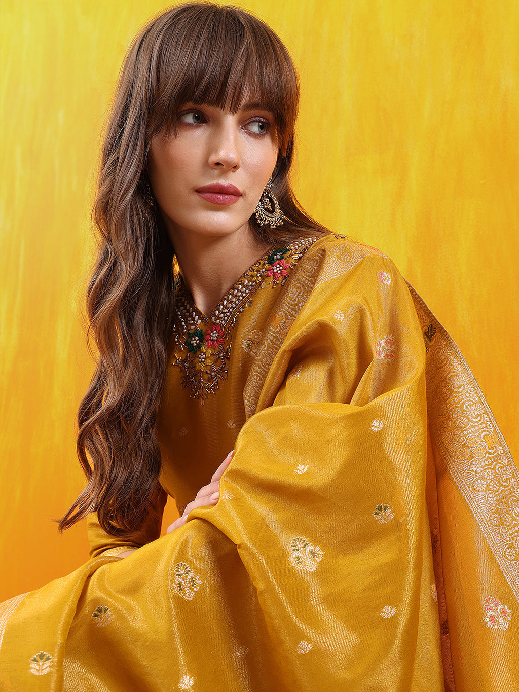 Pure Banarasi Jacquard Hand Embroidered Kurta With Pant & Banarasi Jacquard Dupatta, Yellow - Hiral Fashion - Distacart