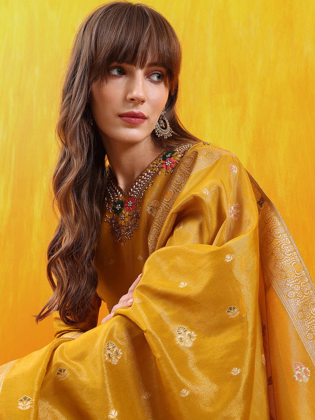 Pure Banarasi Jacquard Hand Embroidered Kurta With Pant & Banarasi Jacquard Dupatta, Yellow - Hiral Fashion - Distacart