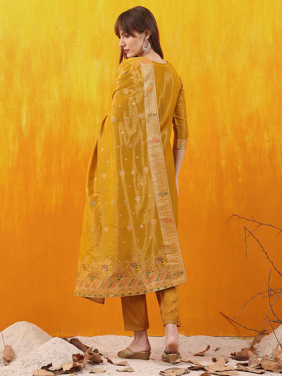 Pure Banarasi Jacquard Hand Embroidered Kurta With Pant & Banarasi Jacquard Dupatta, Yellow - Hiral Fashion - Distacart