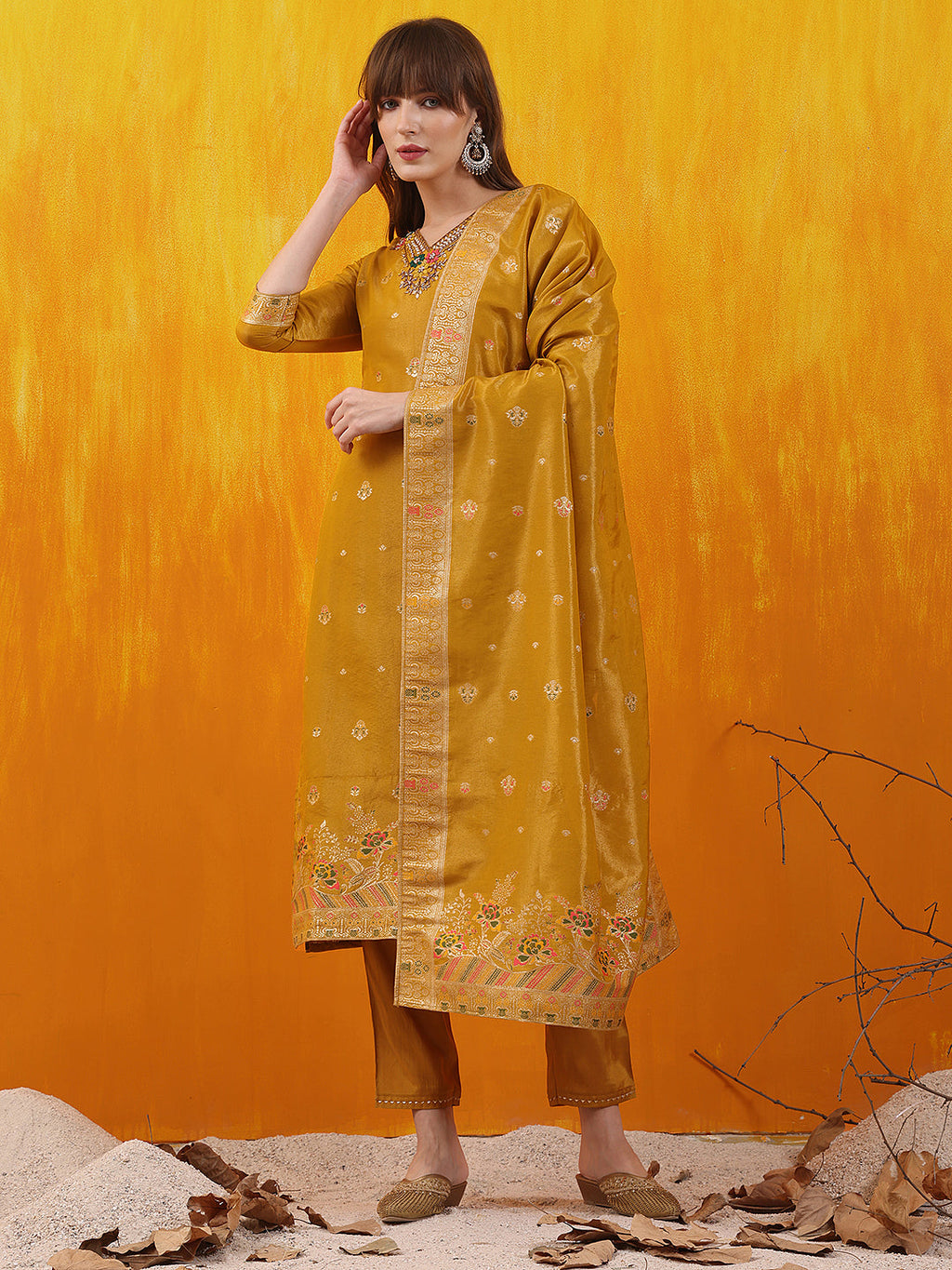 Pure Banarasi Jacquard Hand Embroidered Kurta With Pant & Banarasi Jacquard Dupatta, Yellow - Hiral Fashion - Distacart