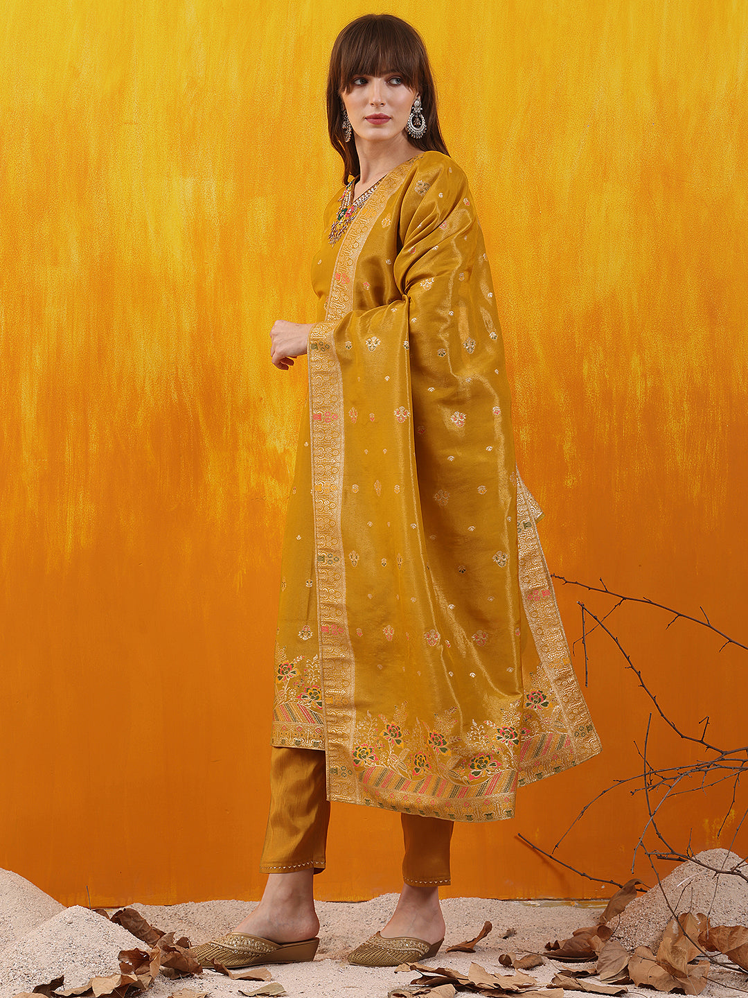 Pure Banarasi Jacquard Hand Embroidered Kurta With Pant & Banarasi Jacquard Dupatta, Yellow - Hiral Fashion - Distacart
