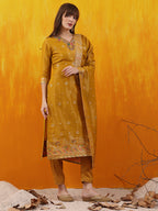 Pure Banarasi Jacquard Hand Embroidered Kurta With Pant & Banarasi Jacquard Dupatta, Yellow - Hiral Fashion - Distacart