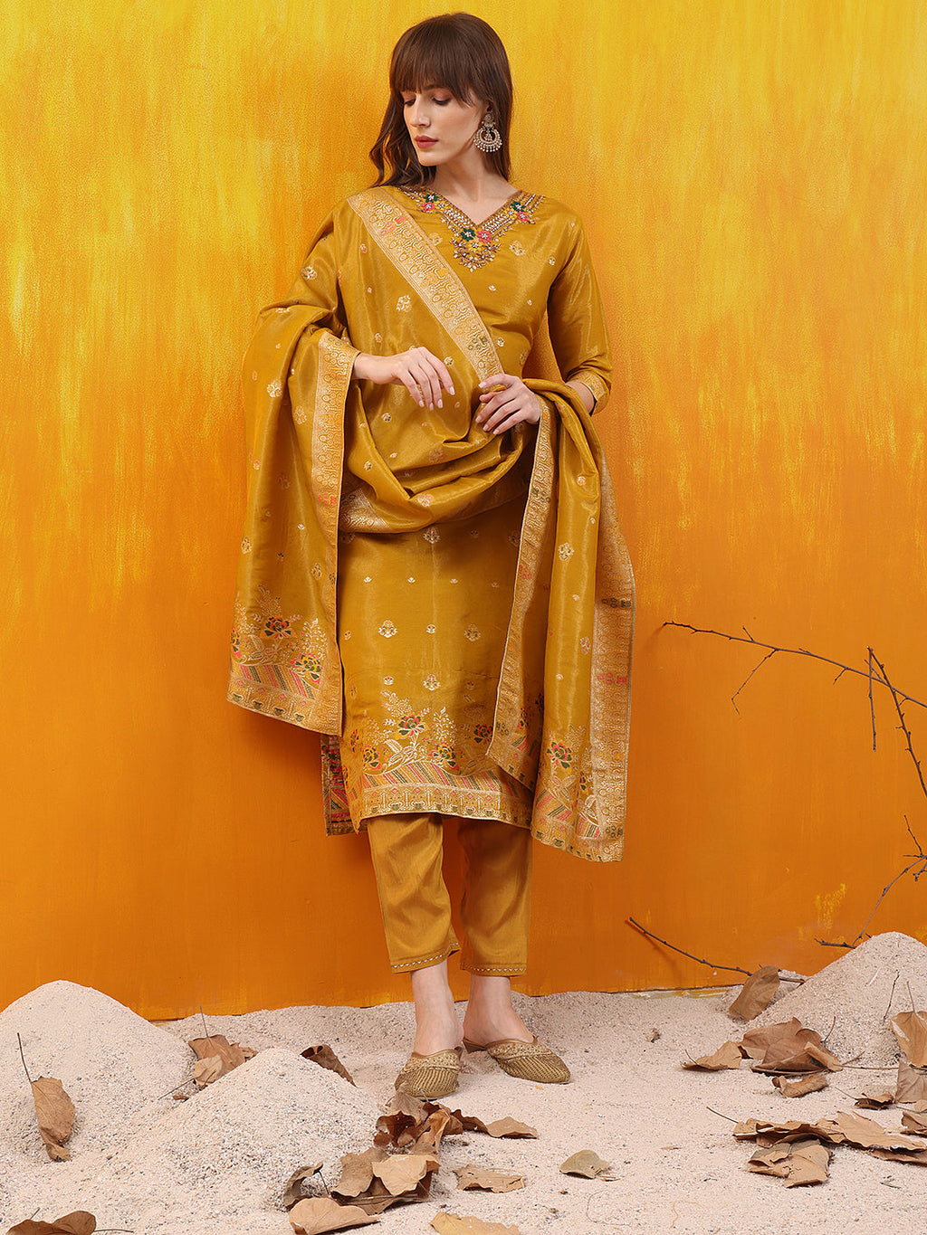 Pure Banarasi Jacquard Hand Embroidered Kurta With Pant & Banarasi Jacquard Dupatta, Yellow - Hiral Fashion - Distacart