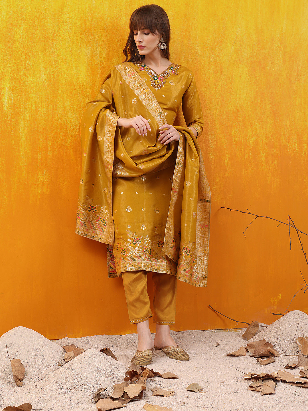 Pure Banarasi Jacquard Hand Embroidered Kurta With Pant & Banarasi Jacquard Dupatta, Yellow - Hiral Fashion - Distacart