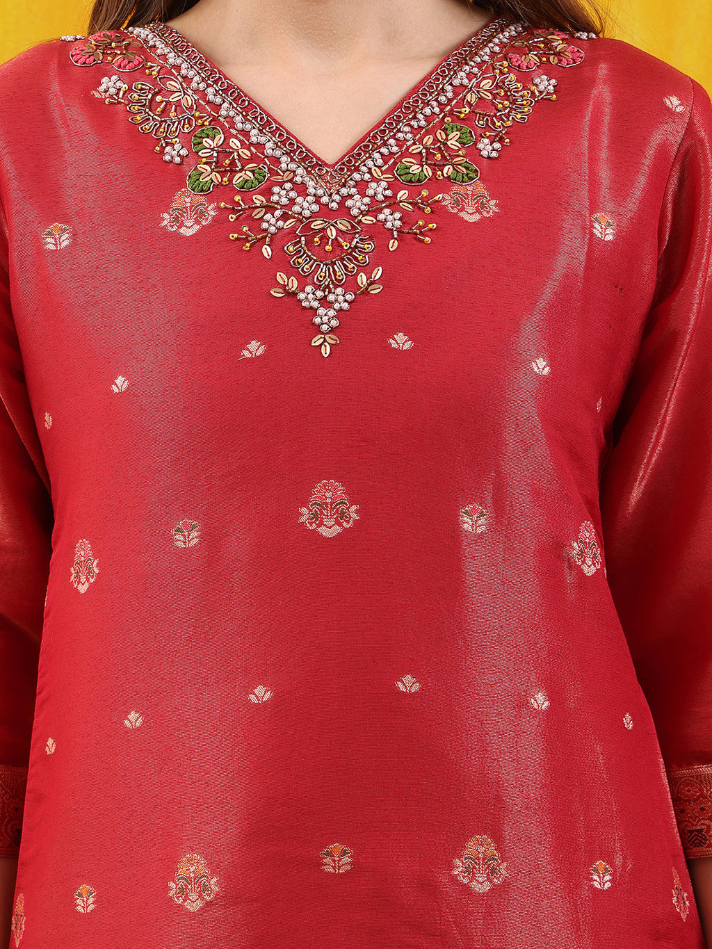 Pure Banarasi Jacquard Hand Embroidered Kurta With Pant & Banarasi Jacquard Dupatta, Red - Hiral Fashion - Distacart