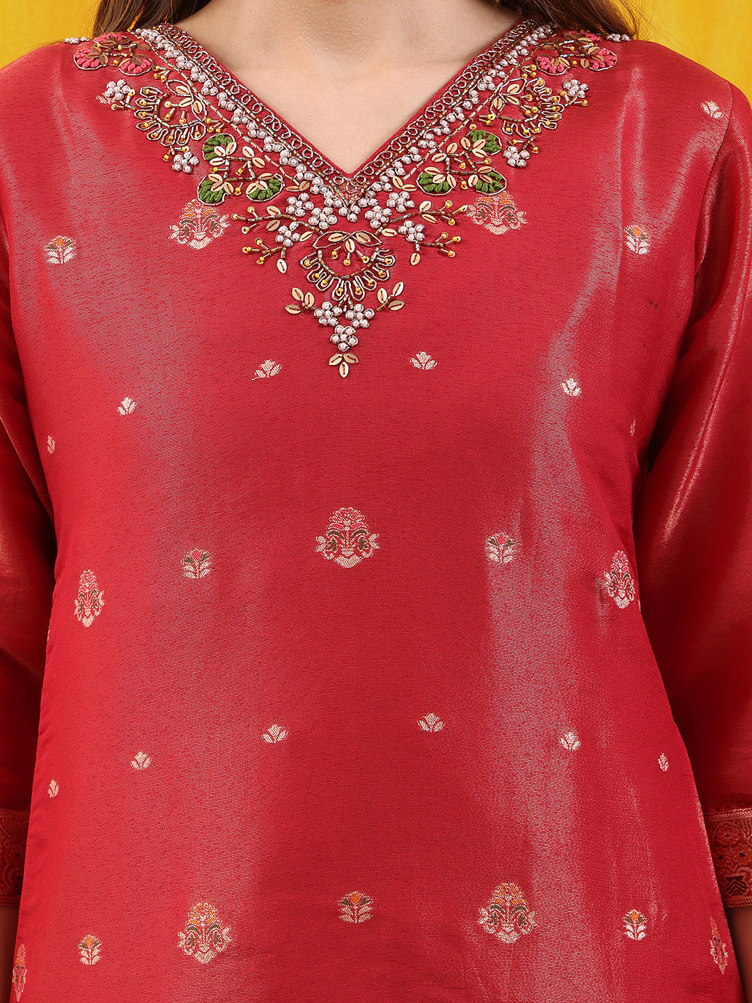Pure Banarasi Jacquard Hand Embroidered Kurta With Pant & Banarasi Jacquard Dupatta, Red - Hiral Fashion - Distacart