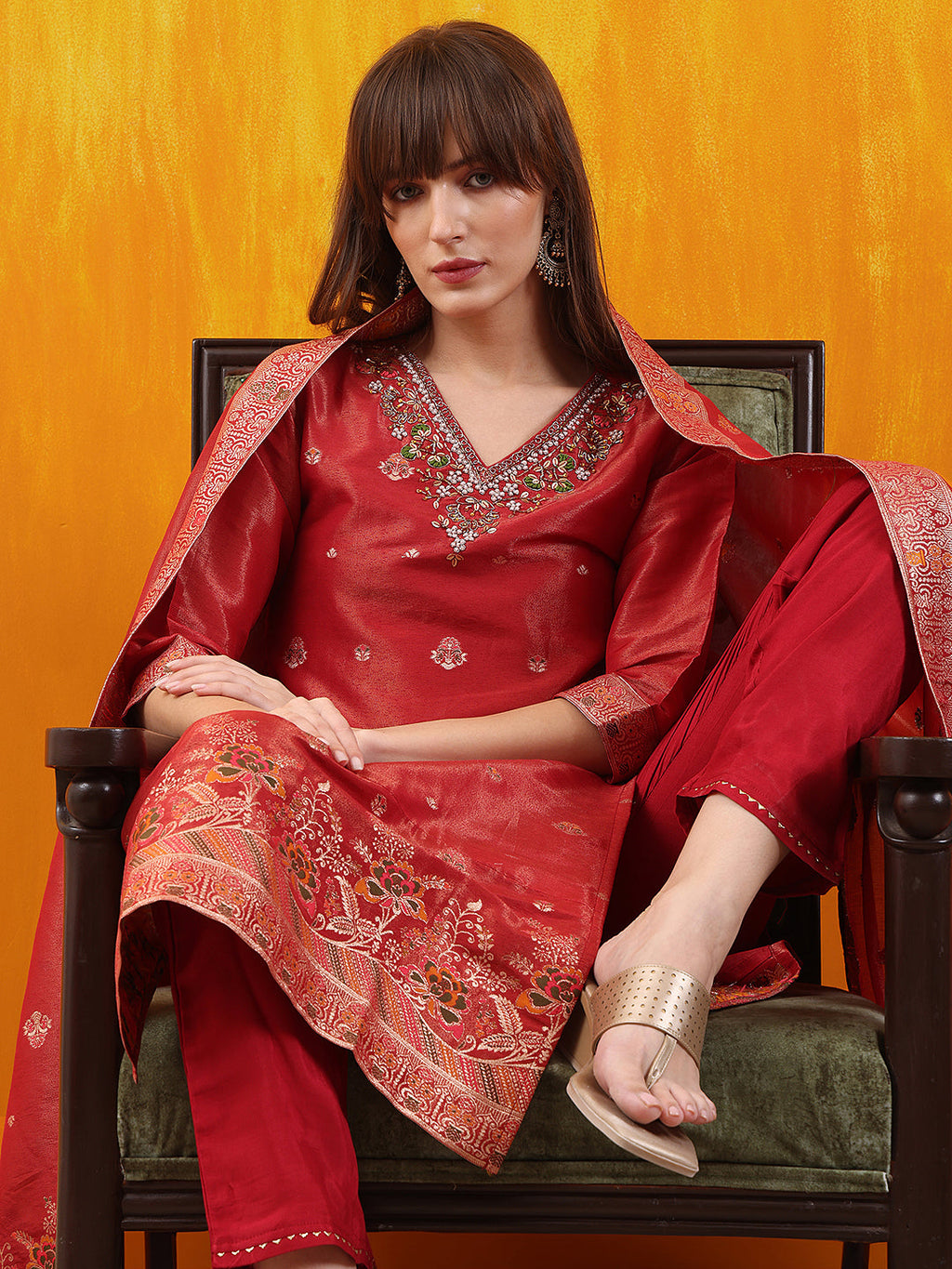 Pure Banarasi Jacquard Hand Embroidered Kurta With Pant & Banarasi Jacquard Dupatta, Red - Hiral Fashion - Distacart