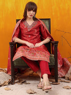 Pure Banarasi Jacquard Hand Embroidered Kurta With Pant & Banarasi Jacquard Dupatta, Red - Hiral Fashion - Distacart
