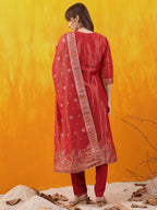 Pure Banarasi Jacquard Hand Embroidered Kurta With Pant & Banarasi Jacquard Dupatta, Red - Hiral Fashion - Distacart
