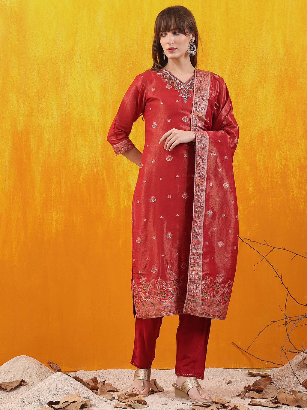 Pure Banarasi Jacquard Hand Embroidered Kurta With Pant & Banarasi Jacquard Dupatta, Red - Hiral Fashion - Distacart