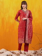 Pure Banarasi Jacquard Hand Embroidered Kurta With Pant & Banarasi Jacquard Dupatta, Red - Hiral Fashion - Distacart