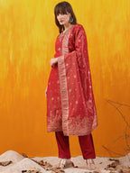 Pure Banarasi Jacquard Hand Embroidered Kurta With Pant & Banarasi Jacquard Dupatta, Red - Hiral Fashion - Distacart