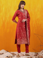 Pure Banarasi Jacquard Hand Embroidered Kurta With Pant & Banarasi Jacquard Dupatta, Red - Hiral Fashion - Distacart