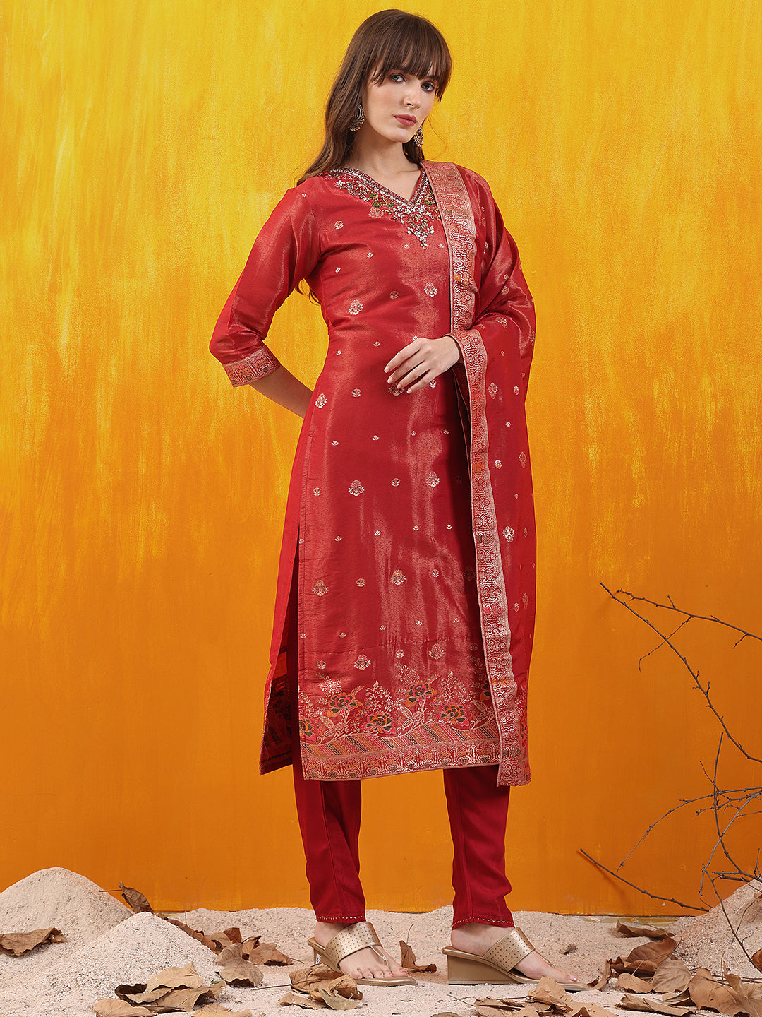 Pure Banarasi Jacquard Hand Embroidered Kurta With Pant & Banarasi Jacquard Dupatta, Red - Hiral Fashion - Distacart
