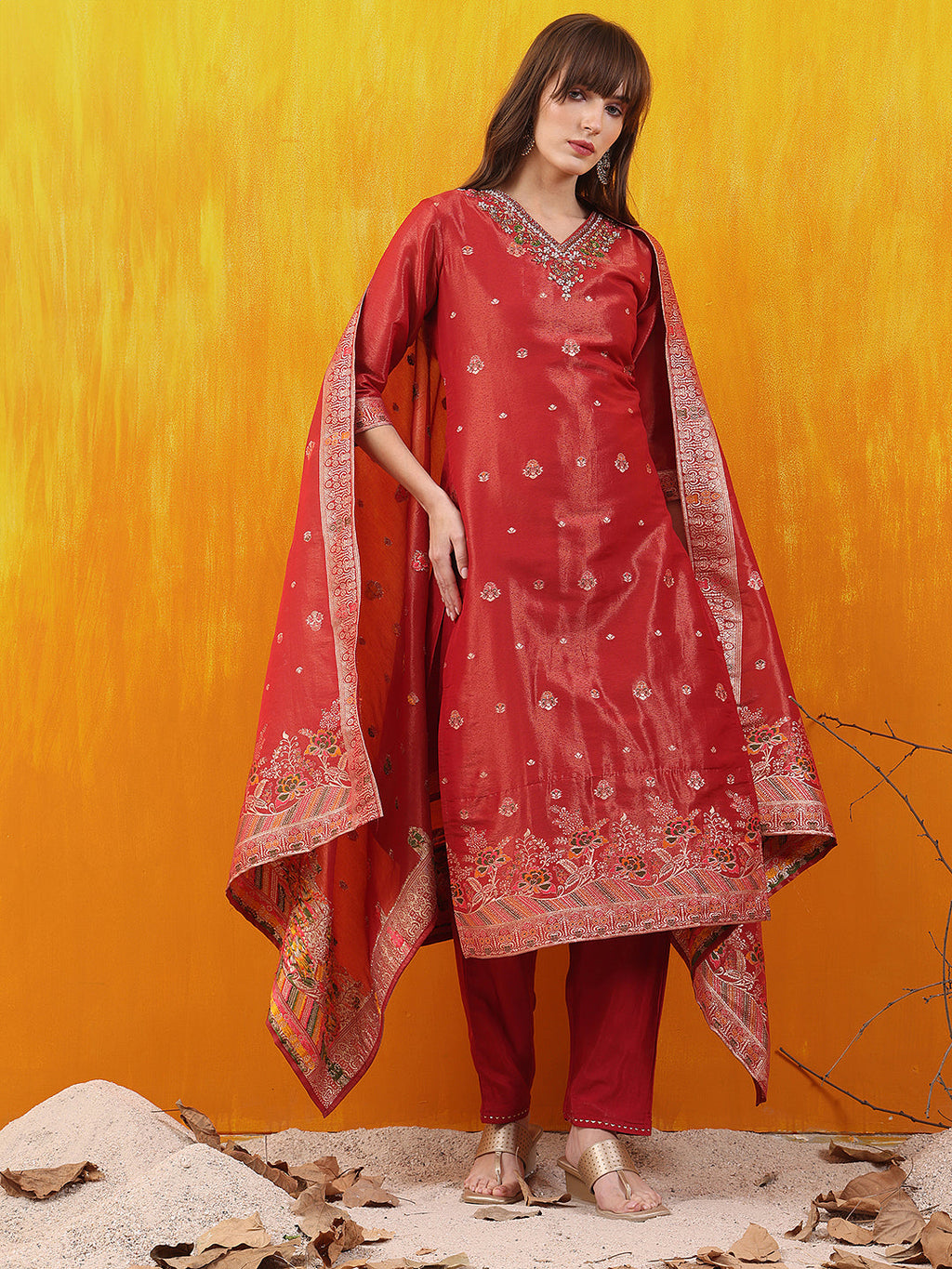 Pure Banarasi Jacquard Hand Embroidered Kurta With Pant & Banarasi Jacquard Dupatta, Red - Hiral Fashion - Distacart