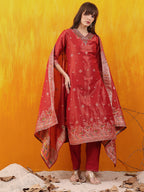 Pure Banarasi Jacquard Hand Embroidered Kurta With Pant & Banarasi Jacquard Dupatta, Red - Hiral Fashion - Distacart