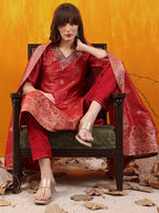 Pure Banarasi Jacquard Hand Embroidered Kurta With Pant & Banarasi Jacquard Dupatta, Red - Hiral Fashion - Distacart