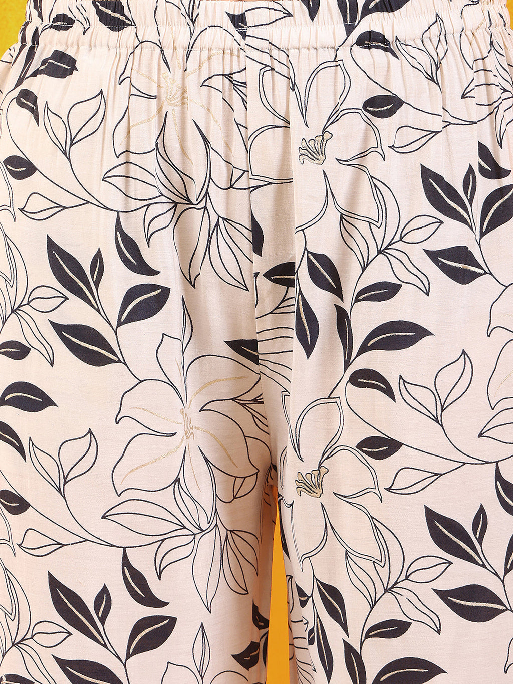 Embroidered And Floral Printed Lace Detailed Kurta With Palazzo Pant & Dupatta, White - Hiral Fashion - Distacart