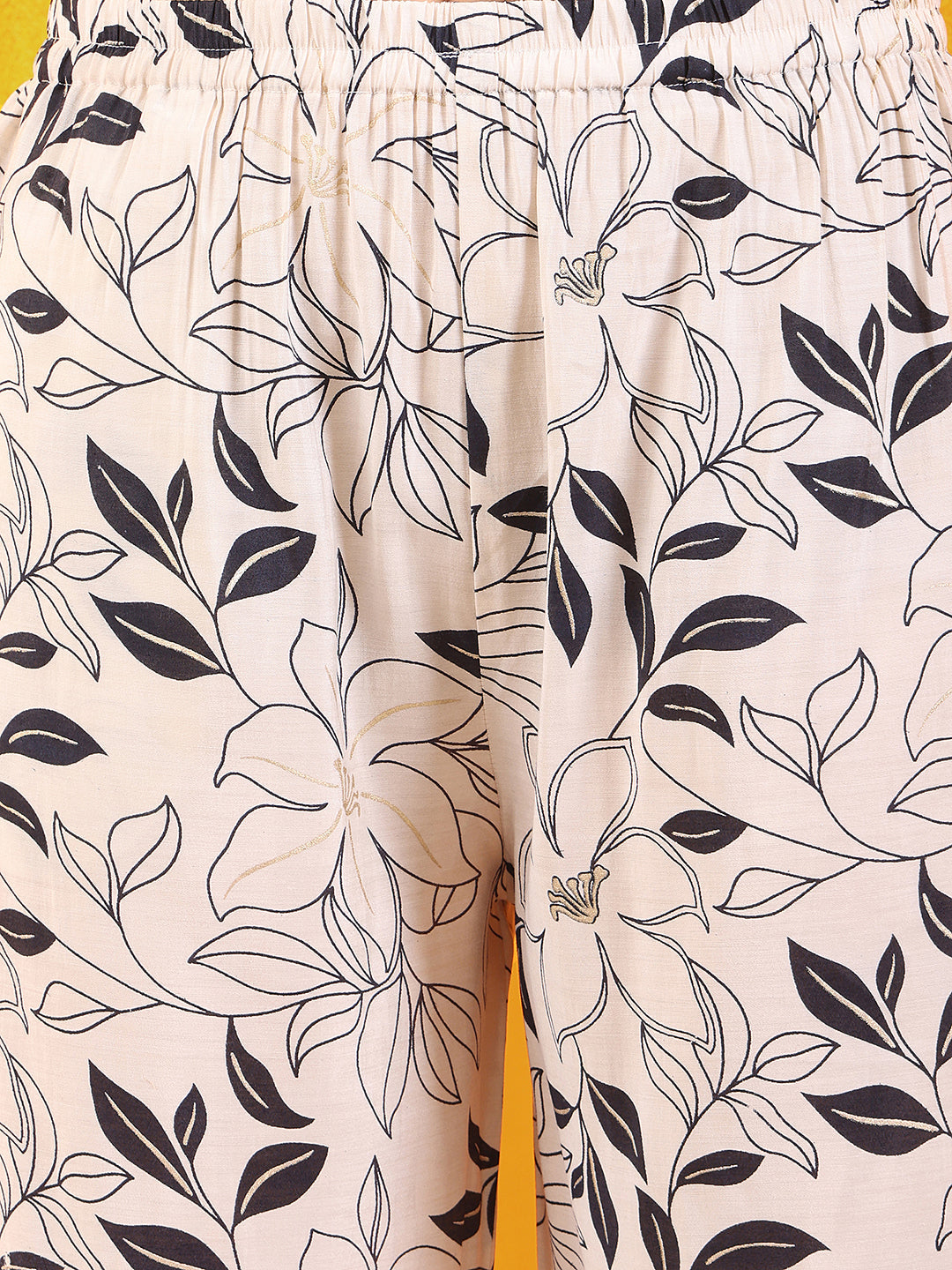 Embroidered And Floral Printed Lace Detailed Kurta With Palazzo Pant & Dupatta, White - Hiral Fashion - Distacart
