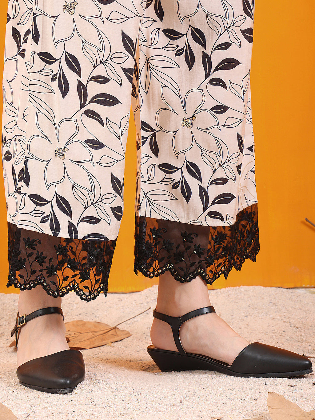 Embroidered And Floral Printed Lace Detailed Kurta With Palazzo Pant & Dupatta, White - Hiral Fashion - Distacart