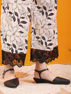Embroidered And Floral Printed Lace Detailed Kurta With Palazzo Pant & Dupatta, White - Hiral Fashion - Distacart