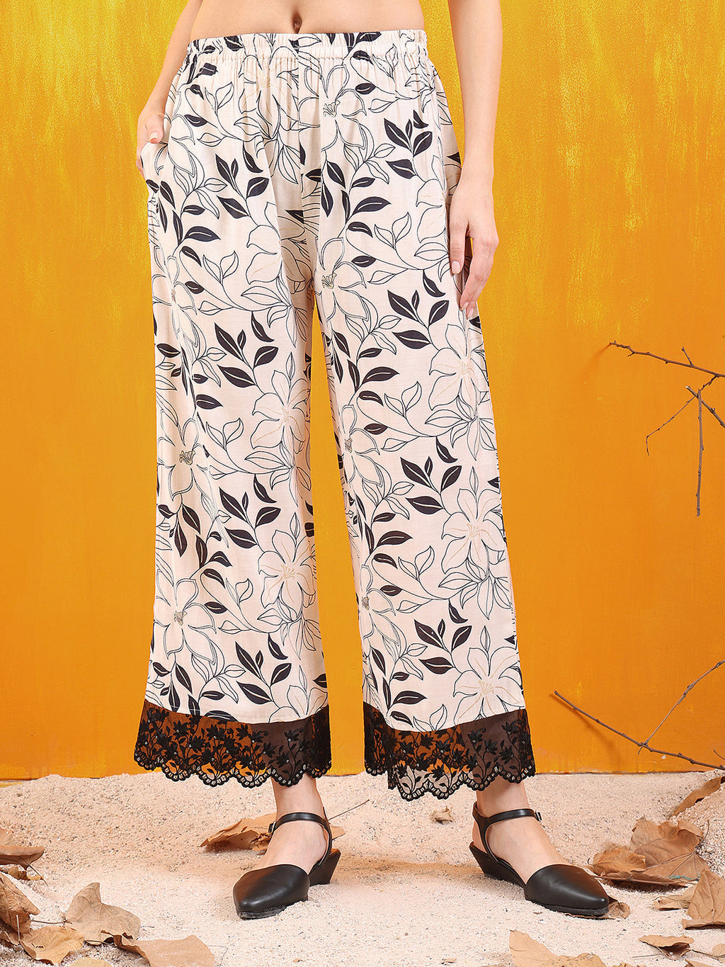 Embroidered And Floral Printed Lace Detailed Kurta With Palazzo Pant & Dupatta, White - Hiral Fashion - Distacart