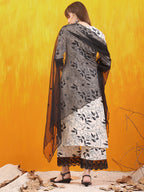 Embroidered And Floral Printed Lace Detailed Kurta With Palazzo Pant & Dupatta, White - Hiral Fashion - Distacart