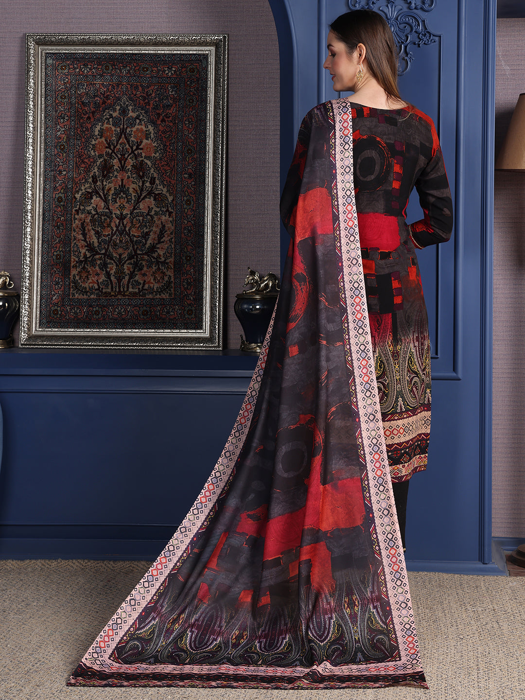 Hand Embroidered & Printed Kurta With Pant & Dupatta, Black - Hiral Fashion - Distacart
