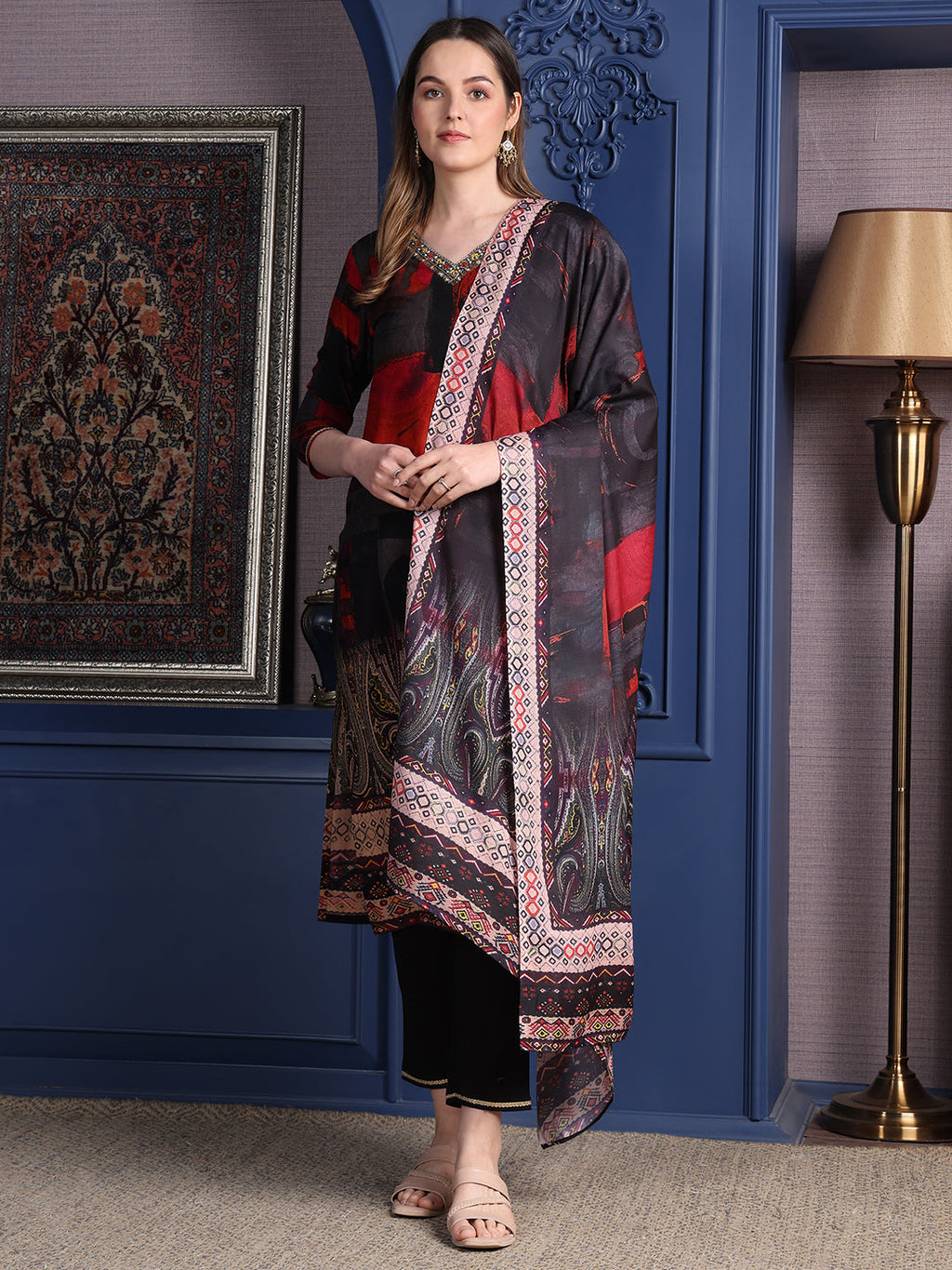 Hand Embroidered & Printed Kurta With Pant & Dupatta, Black - Hiral Fashion - Distacart