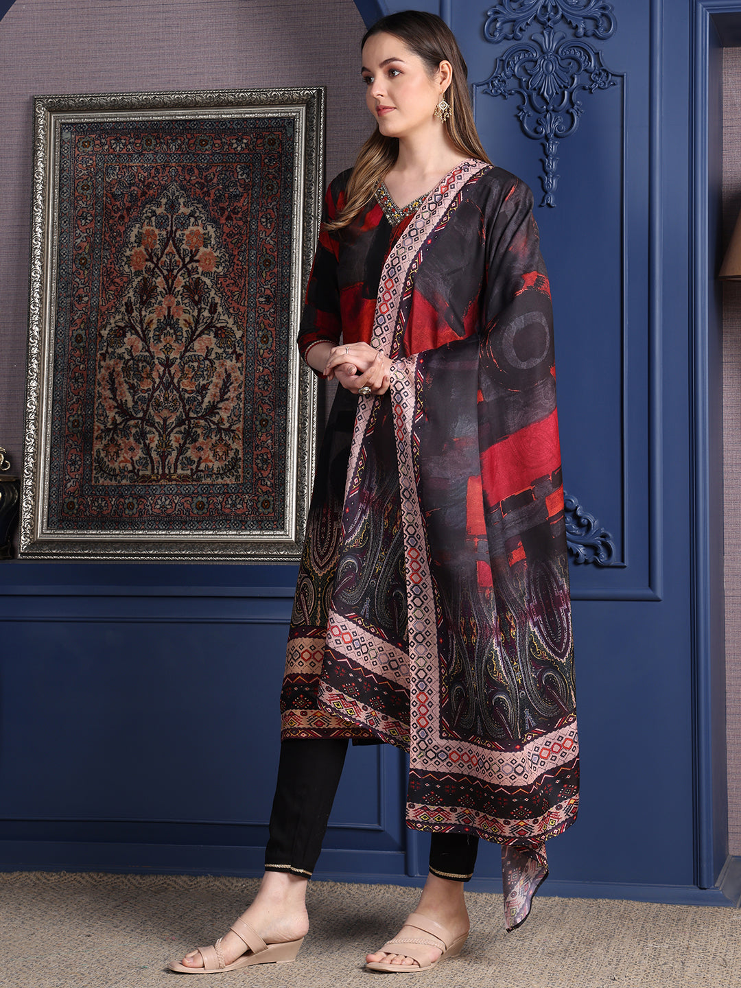 Hand Embroidered & Printed Kurta With Pant & Dupatta, Black - Hiral Fashion - Distacart