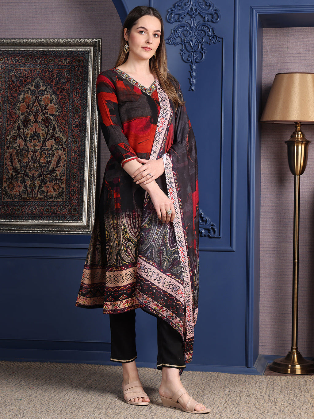 Hand Embroidered & Printed Kurta With Pant & Dupatta, Black - Hiral Fashion - Distacart