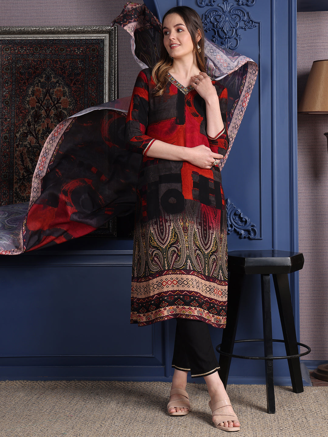 Hand Embroidered & Printed Kurta With Pant & Dupatta, Black - Hiral Fashion - Distacart
