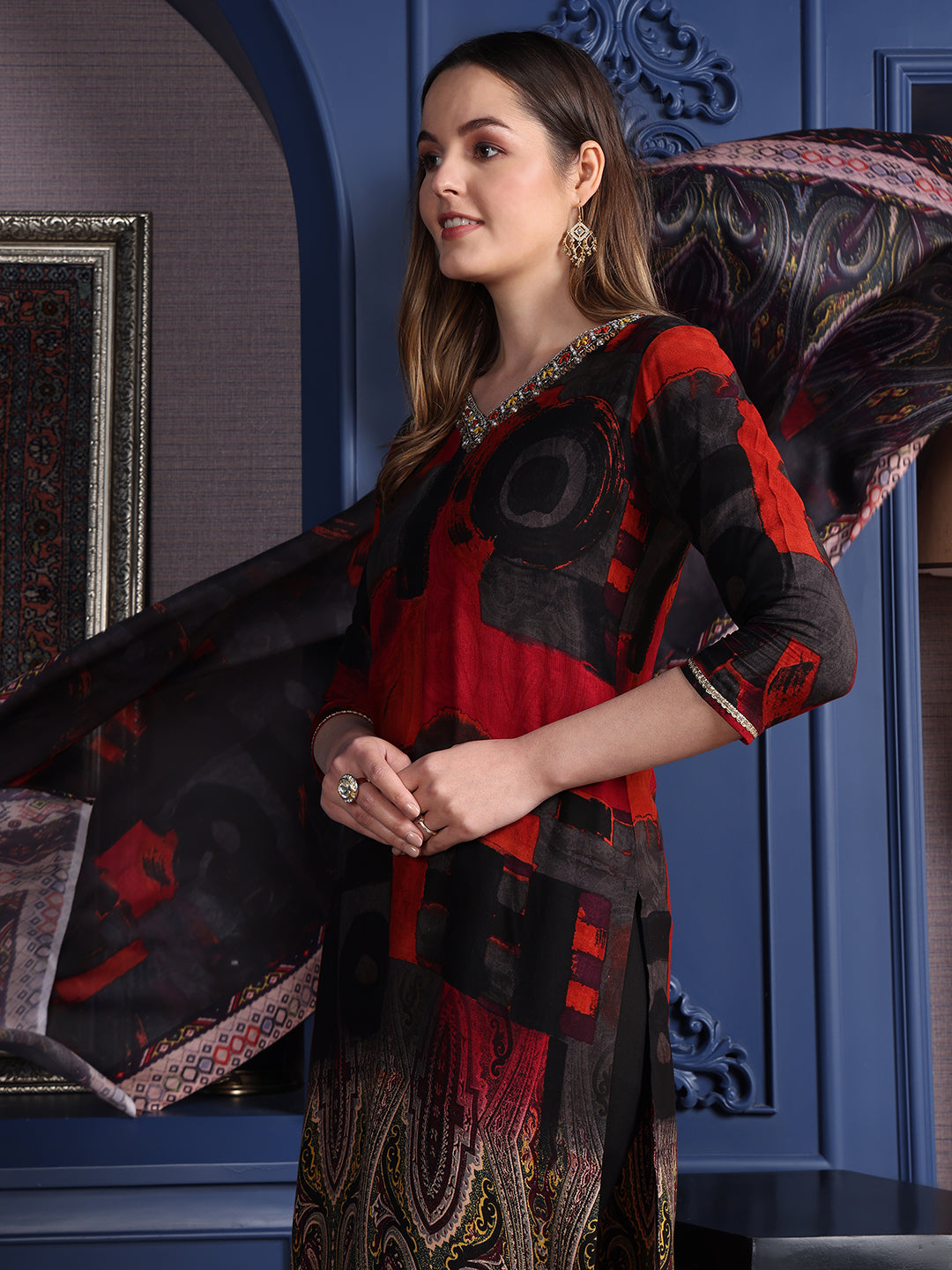 Hand Embroidered & Printed Kurta With Pant & Dupatta, Black - Hiral Fashion - Distacart