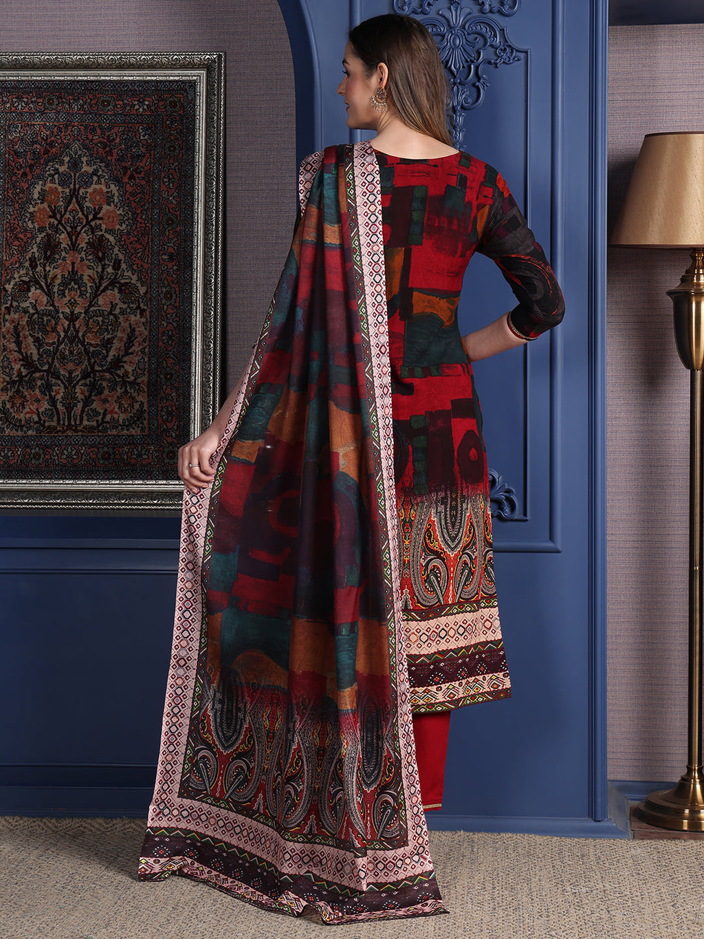 Hand Embroidered & Printed Kurta With Pant & Dupatta, Maroon - Hiral Fashion - Distacart