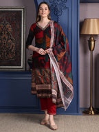 Hand Embroidered & Printed Kurta With Pant & Dupatta, Maroon - Hiral Fashion - Distacart