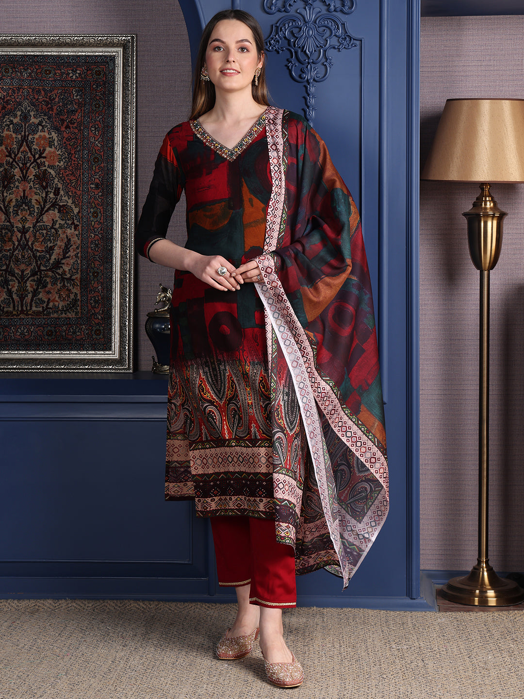 Hand Embroidered & Printed Kurta With Pant & Dupatta, Maroon - Hiral Fashion - Distacart