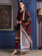Hand Embroidered & Printed Kurta With Pant & Dupatta, Maroon - Hiral Fashion - Distacart