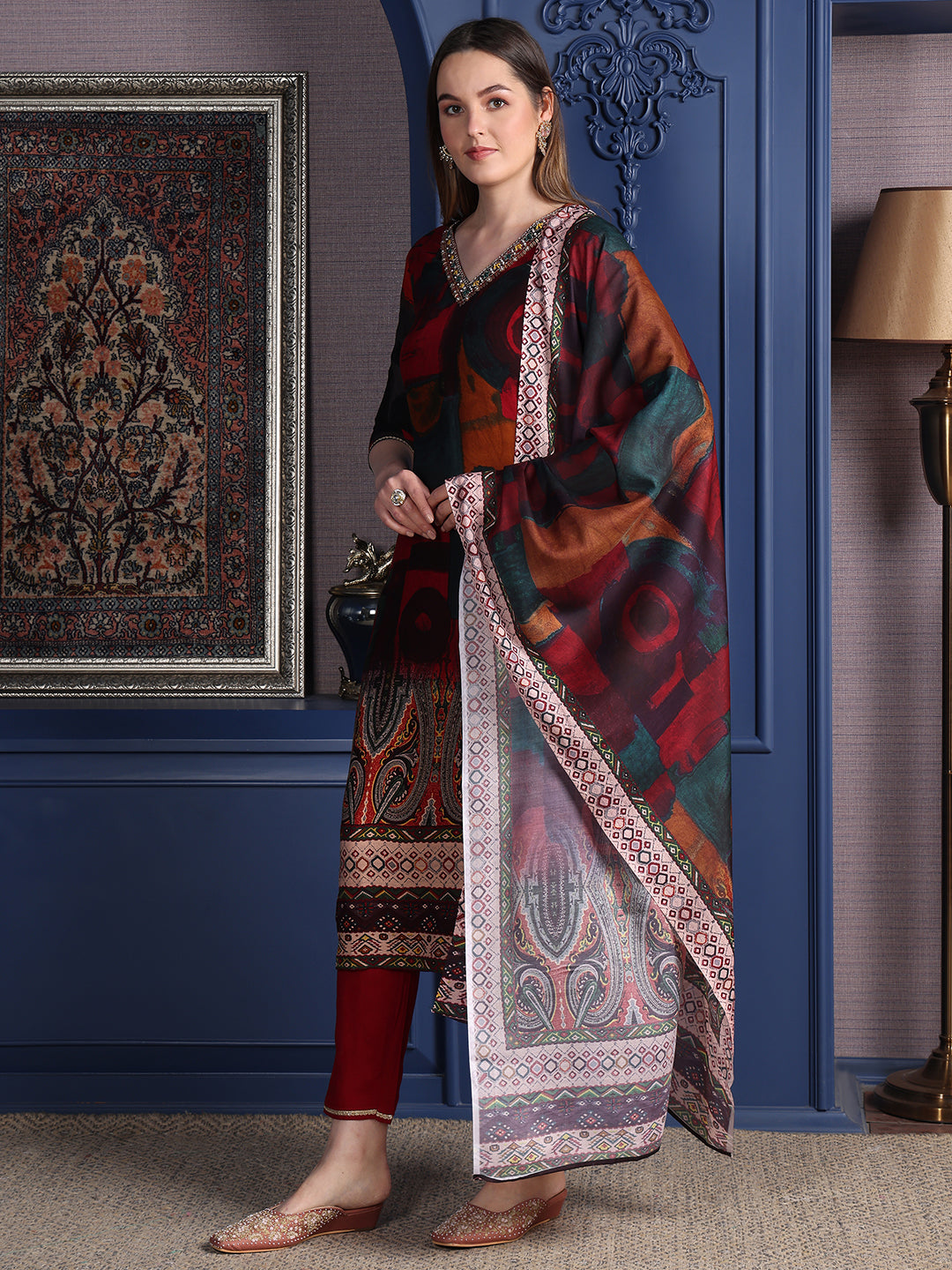 Hand Embroidered & Printed Kurta With Pant & Dupatta, Maroon - Hiral Fashion - Distacart