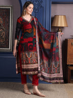 Hand Embroidered & Printed Kurta With Pant & Dupatta, Maroon - Hiral Fashion - Distacart