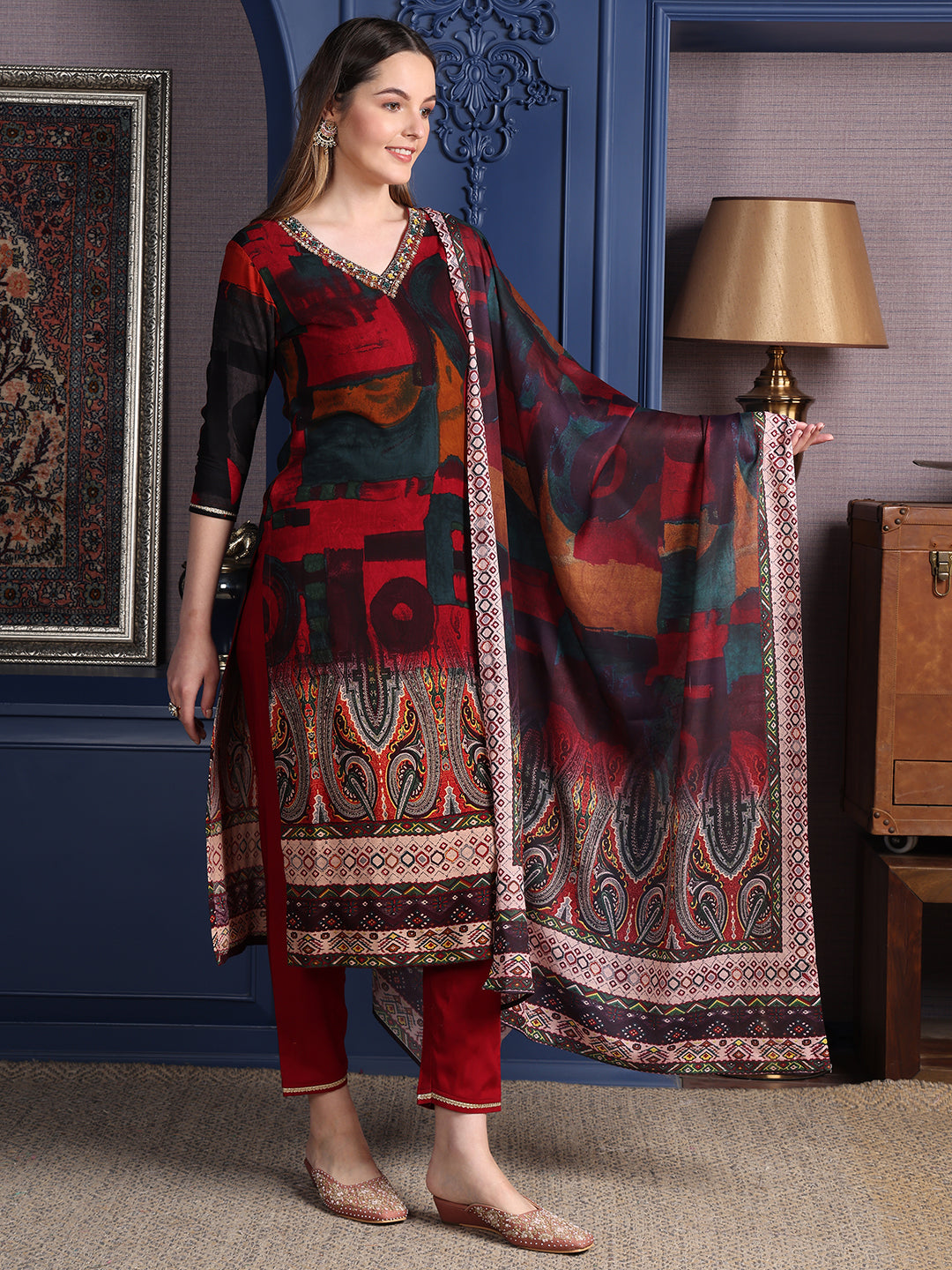 Hand Embroidered & Printed Kurta With Pant & Dupatta, Maroon - Hiral Fashion - Distacart