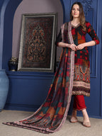 Hand Embroidered & Printed Kurta With Pant & Dupatta, Maroon - Hiral Fashion - Distacart