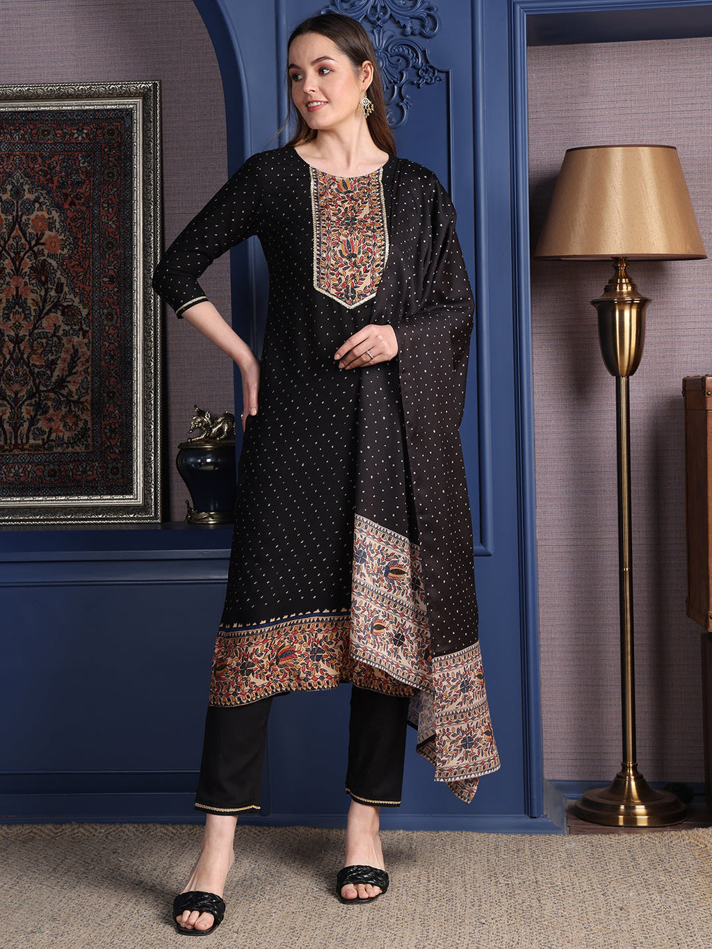 Hand Embroidered & Printed Kurta With Pant & Dupatta, Black - Hiral Fashion - Distacart