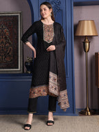 Hand Embroidered & Printed Kurta With Pant & Dupatta, Black - Hiral Fashion - Distacart