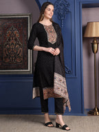 Hand Embroidered & Printed Kurta With Pant & Dupatta, Black - Hiral Fashion - Distacart